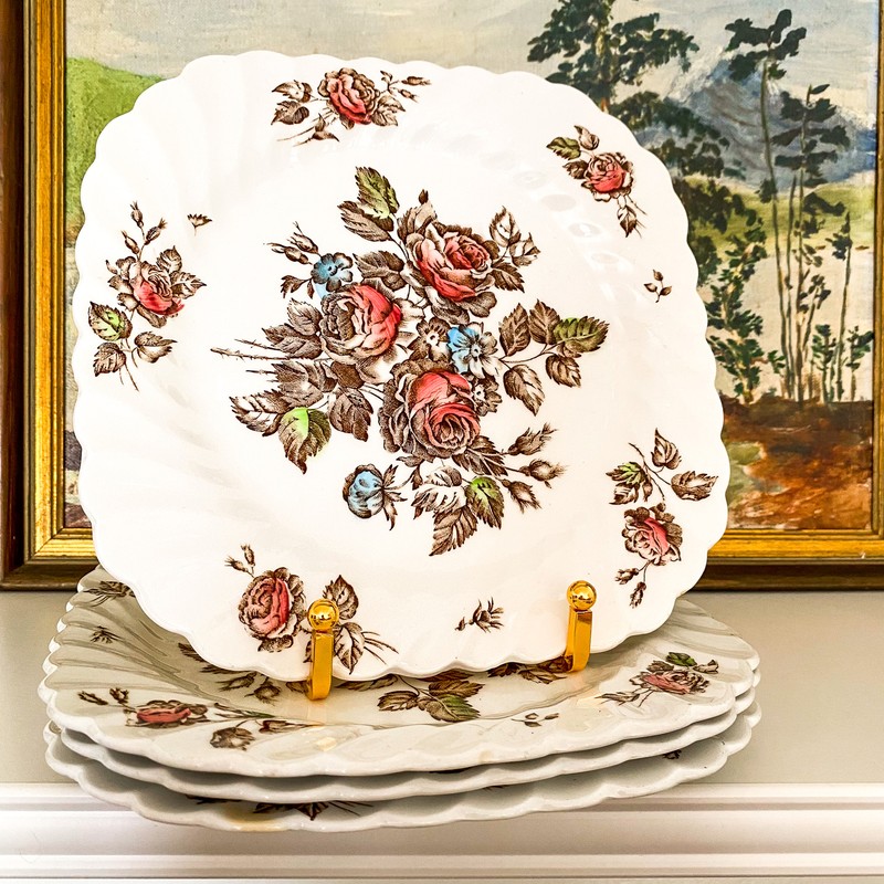 (4) Vtg Johnson Brothers DEVON SPRAYS Square Salad Side Plates England 7.5" gallery