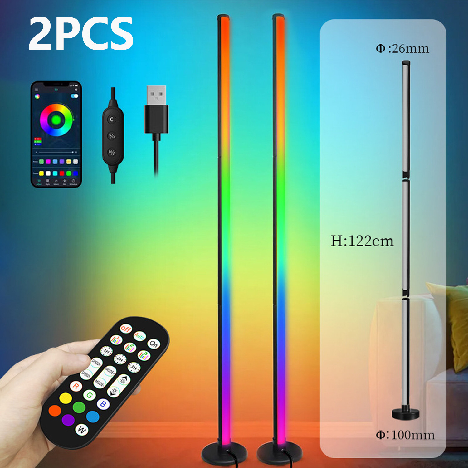2 x 47" Smart LED Floor Lamp RGB Remote & APP Control Music Sync Corner Lighting gallery