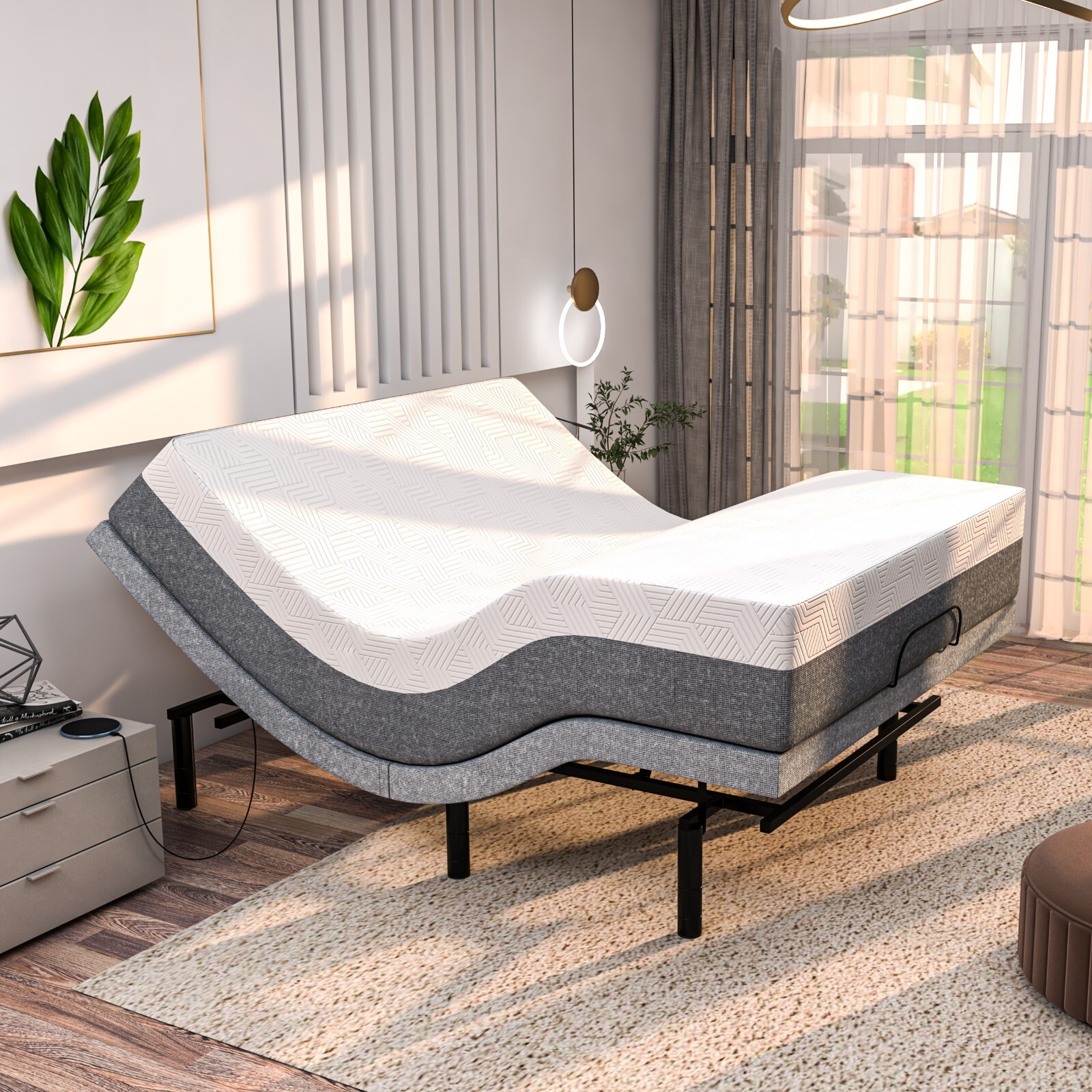 Renanim Electric Adjustable Bed Frame Wireless Remote with 14" Mattress APP USB gallery
