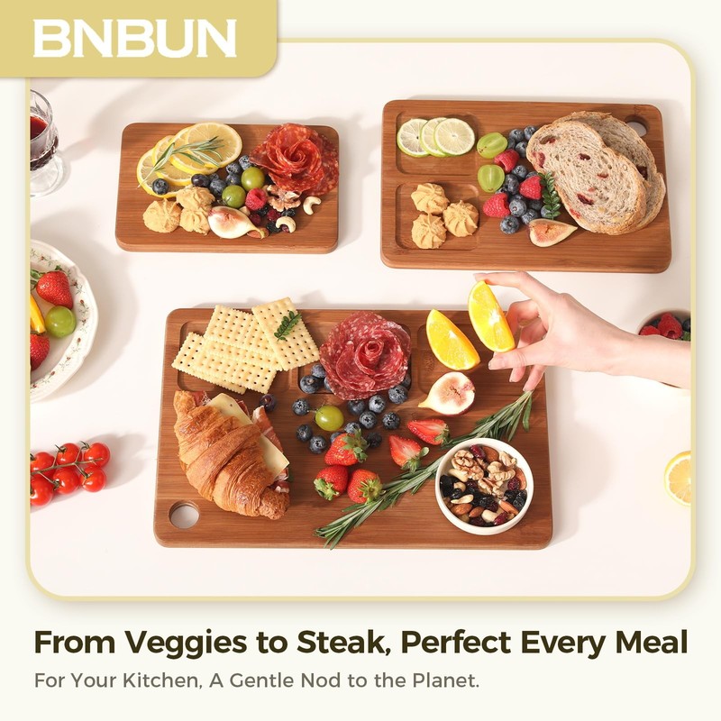 Bamboo Cutting Board for Kitchen – 3-Piece Wooden Boards with Juice Grooves, ... gallery