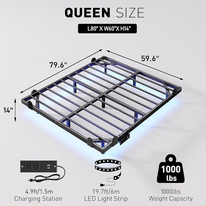 LED Bed Frame W/ Charging Station & Metal Support Squeak Resistant Design New gallery