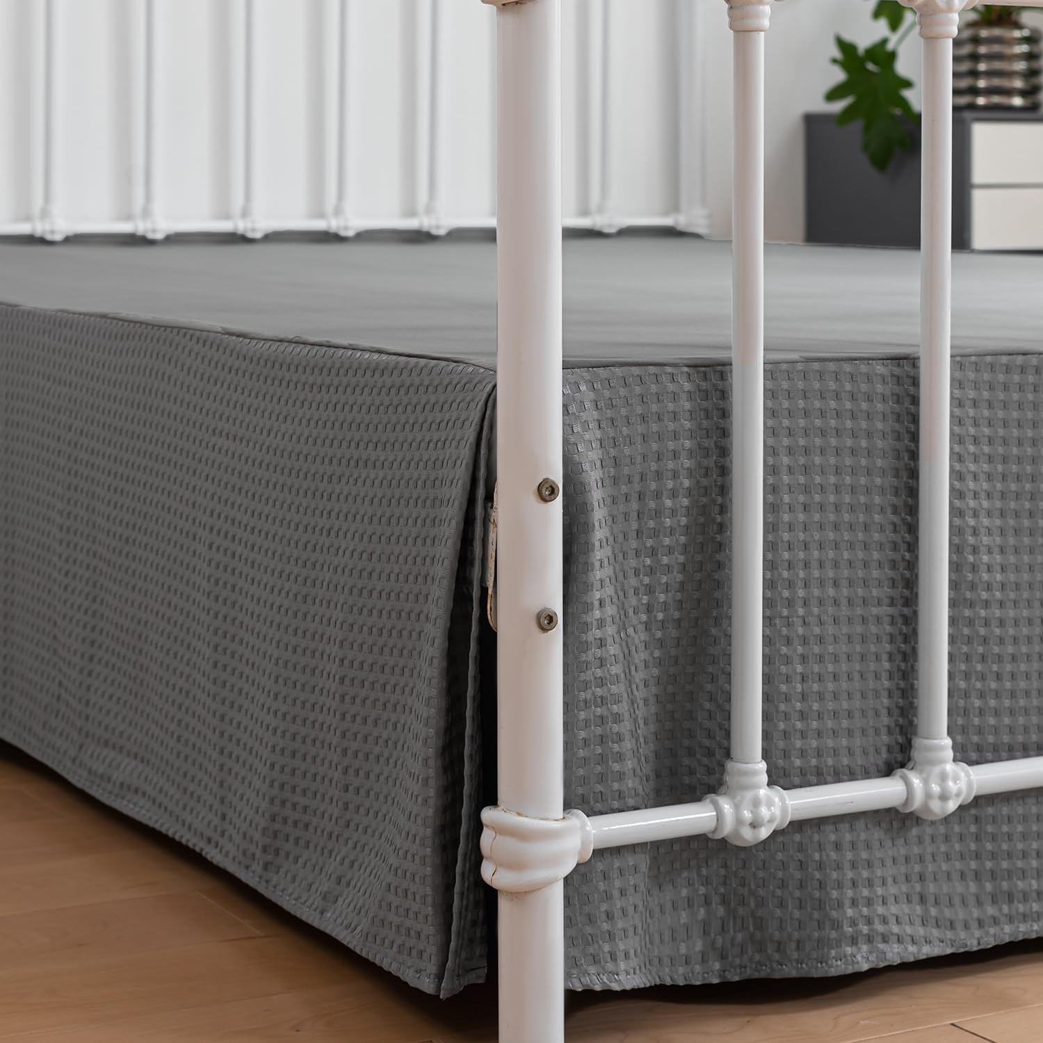 Queen Bed Skirt 16 Inch Drop Grey Pleated Waffle Split Corners Dust Ruffle gallery