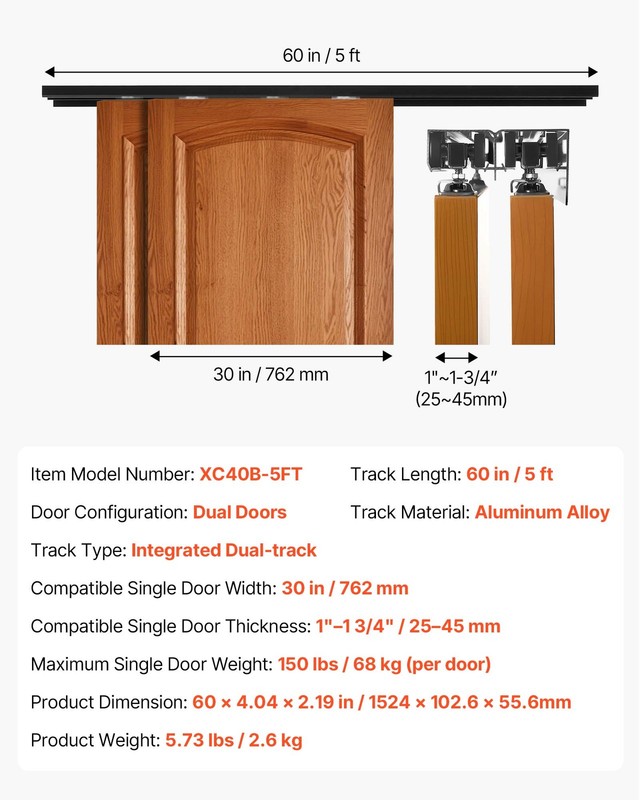 VEVOR Bypass Sliding Door Hardware Kit 5 ft Aluminum Alloy Dual-Track for Closet gallery