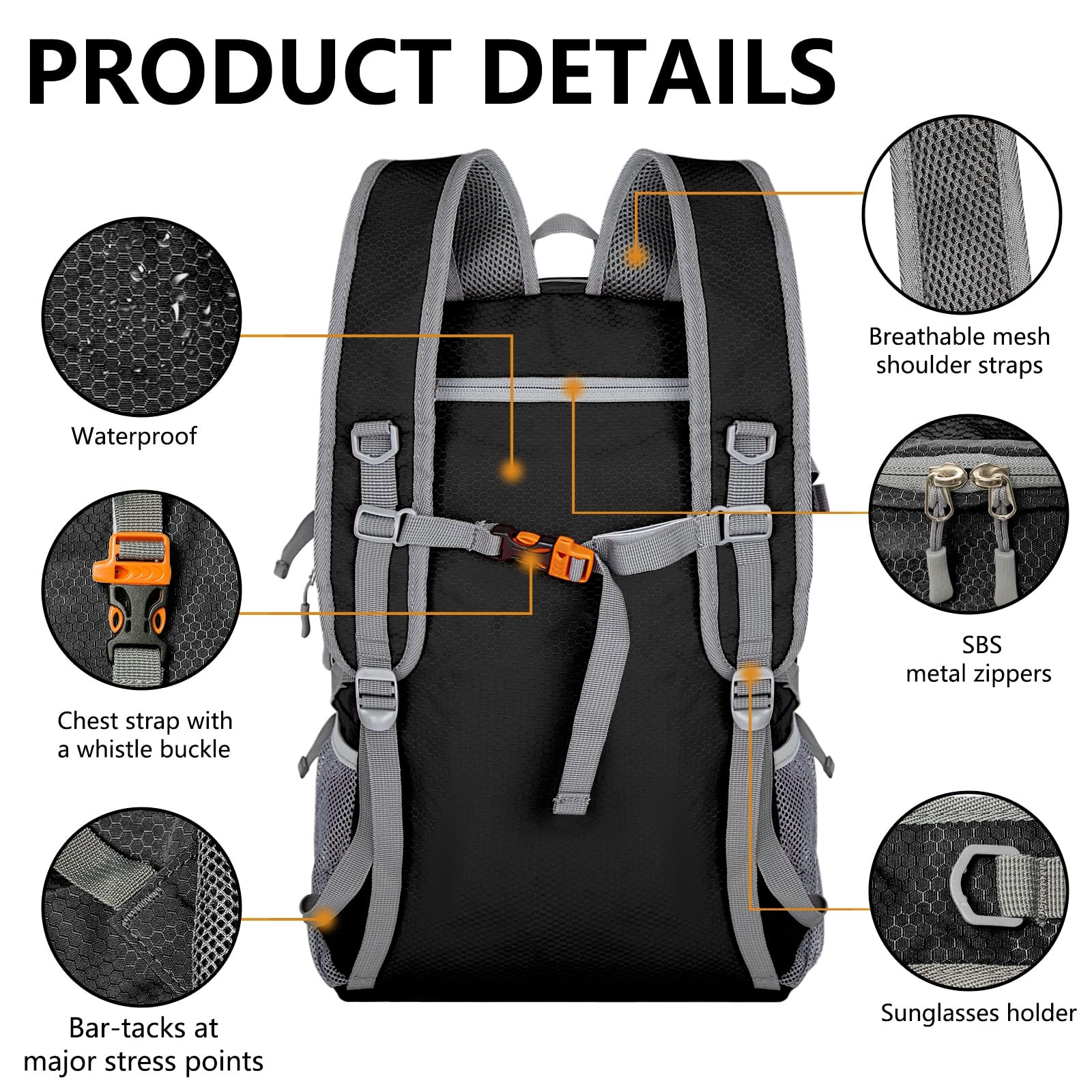 Ultra Lightweight Packable Backpack 40L Foldable Hiking Water Resistant Black 3