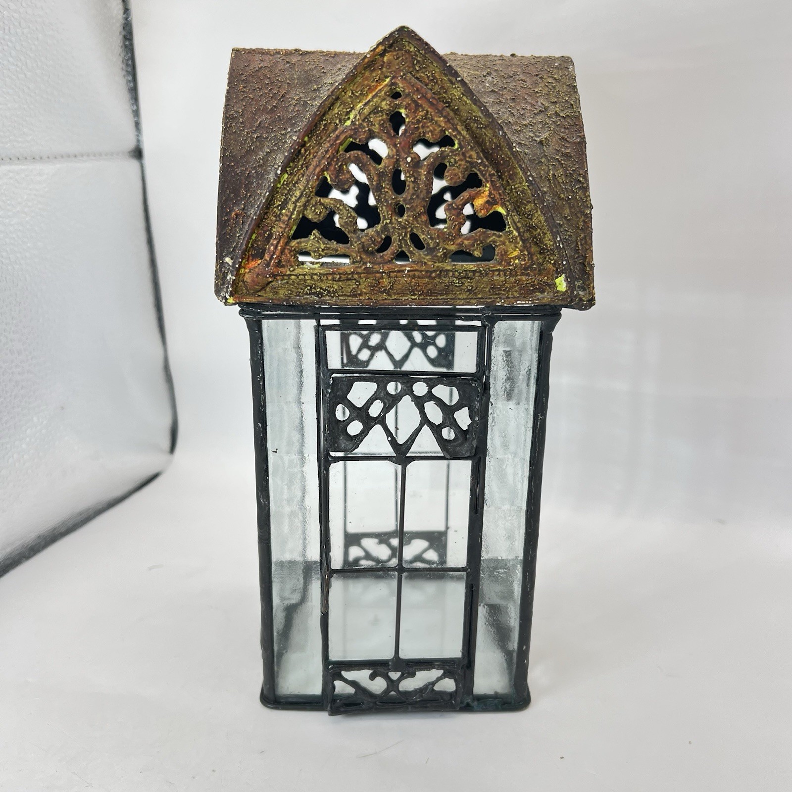 Vintage Decorative Rustic Glass House Lantern W/ Metal Patina Roof Candle Holder gallery