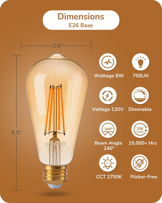 EDISHINE 6 Pack Vintage LED Edison Bulbs,ST64 Dimmable Amber Warm Light, 240° gallery