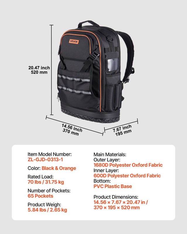 VEVOR Tool Backpack 65 Pockets Tear-resistant Jobsite Backpack for Electrician gallery