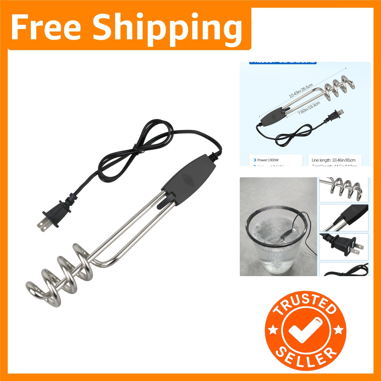 Portable Immersion Heater, 1500W/1000W Submersible Water Heater - Safe & Durable gallery