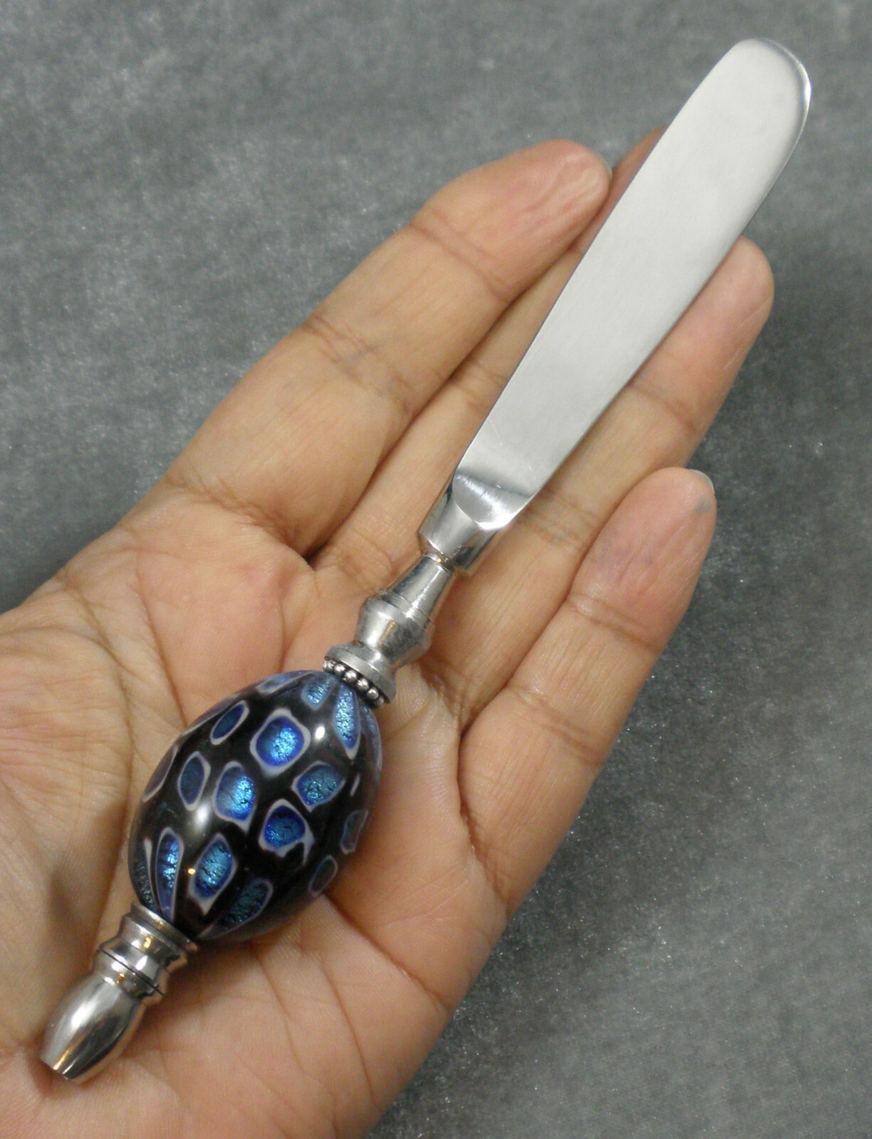 Chrome Plated Steel Silver Pltd Blue Black Lampwork Glass Beaded Butter Knife gallery