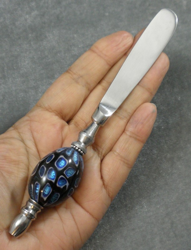Chrome Plated Steel Silver Pltd Blue Black Lampwork Glass Beaded Butter Knife gallery