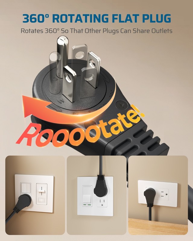 DEWENWILS 360° Rotating Flat Plug Extension Cord 1FT,ETL Certified, 3 Pack,Black gallery