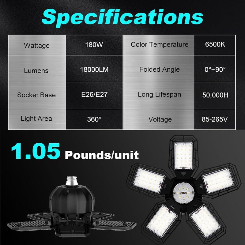 LED Garage Lights 2 Pack, Ceiling LED Shop Light 180W 18000LM 6500K Screw in ... gallery