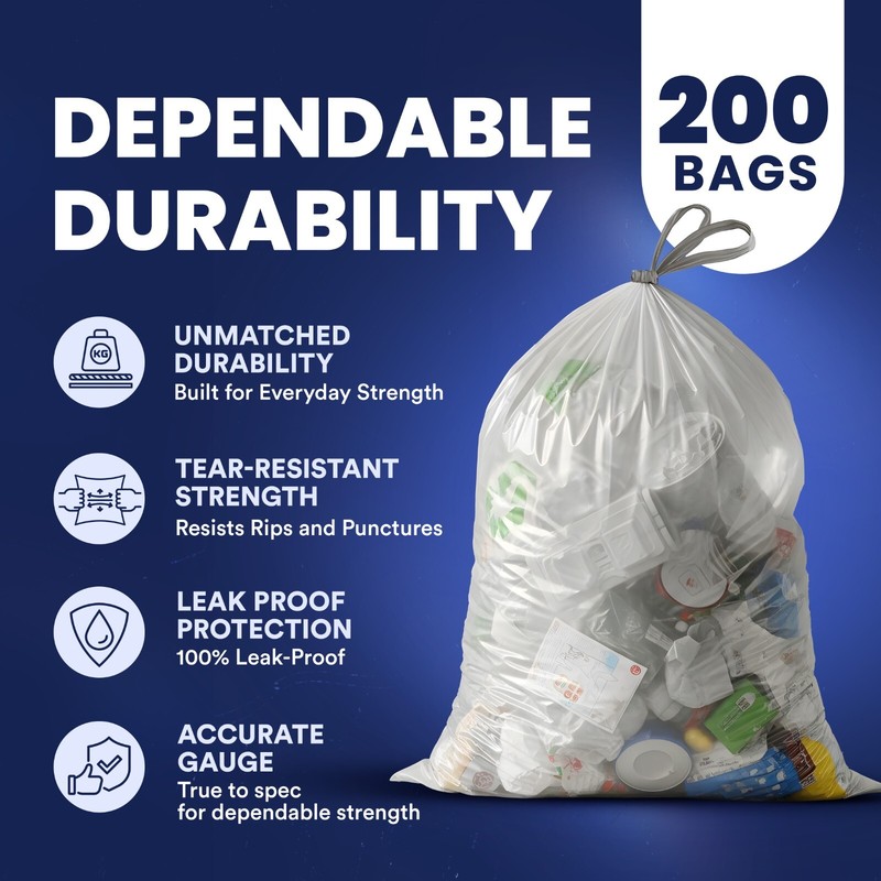 Plasticplace 13 Gallon Extra Tall Drawstring Trash Bags -Clear, Case of 200 Bags gallery
