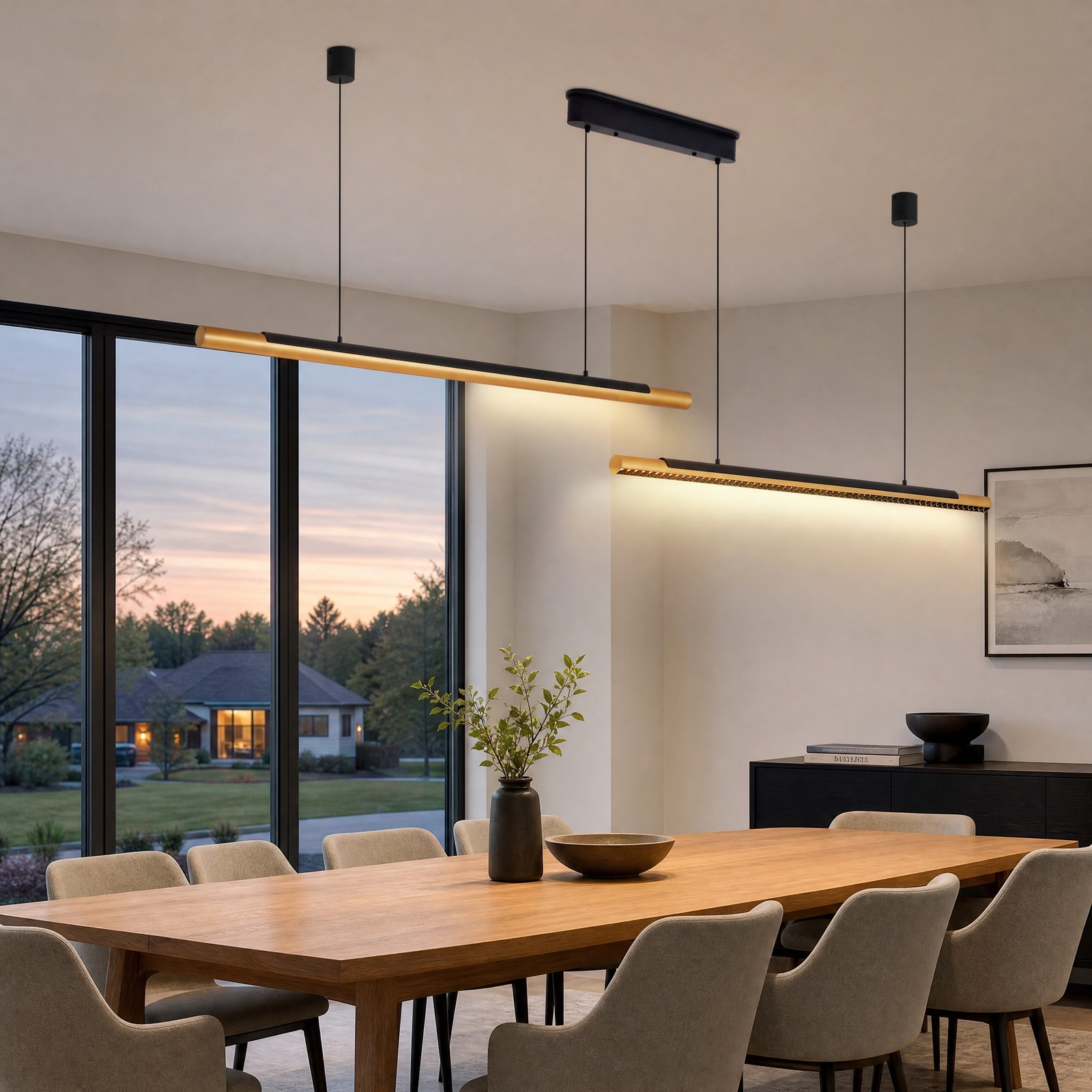 75 in 2 Light Black Gold Linear 3CCT LED Pendant Chandelier Living Room Fixture gallery