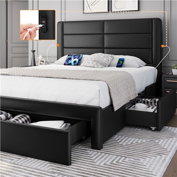 Upholstered Bed Frame with Storage Drawers and Built-In USB Ports/USB A&Type C gallery