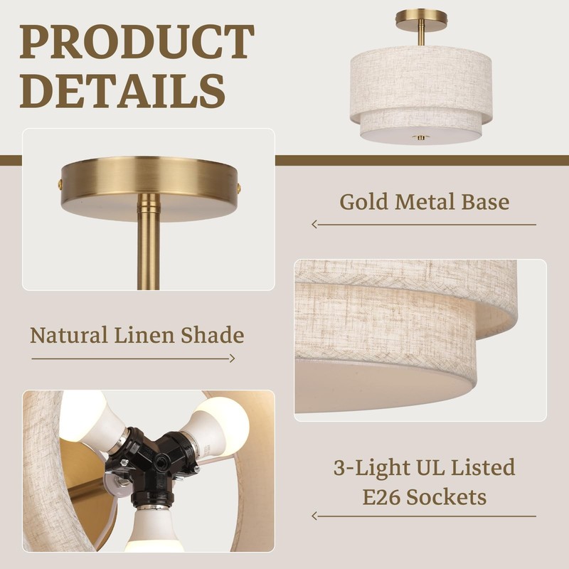 Semi Flush Mount Ceiling Light Fixture,12.6'' Gold Light Fixtures Ceiling Mou... gallery