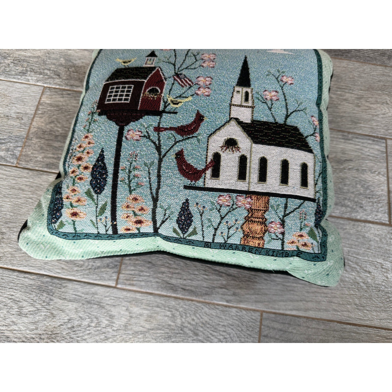 Warren Kimble Tapestry Throw Pillow Birds Folk Art Church Decorative Accent USA gallery