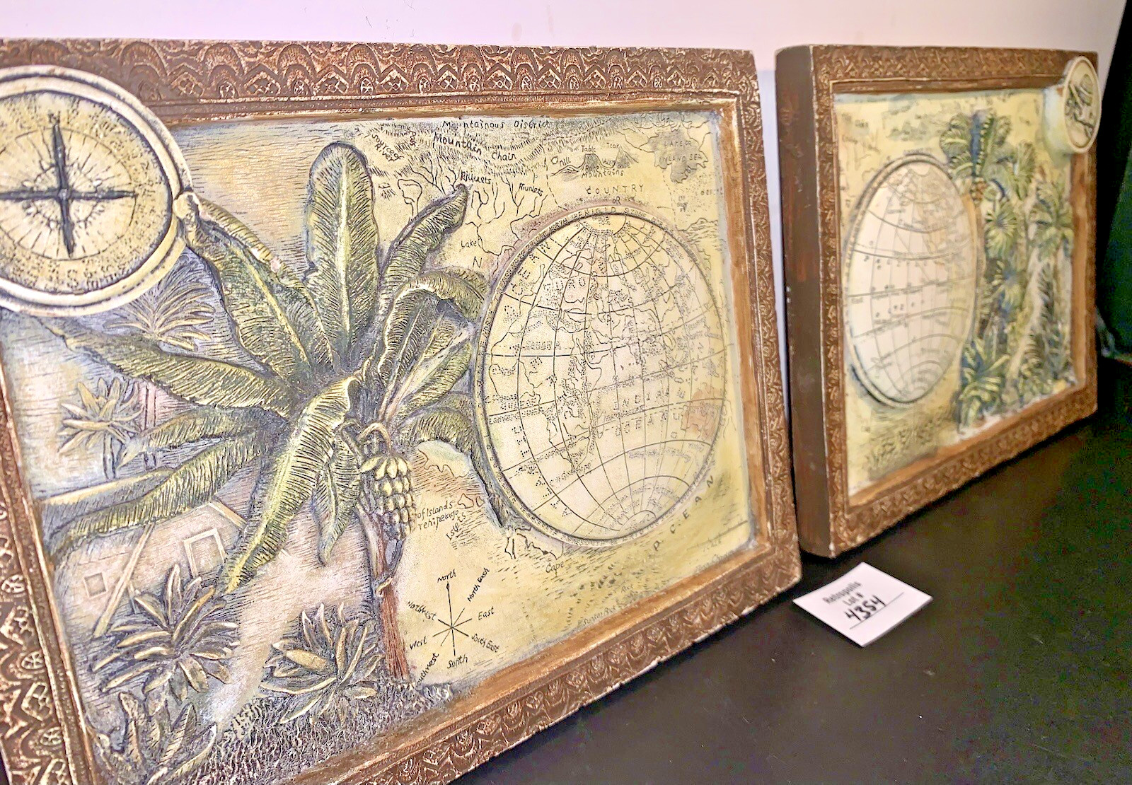 2 Globe Safari Map Ceramic Embossed Wall Art Plaques Tina Chaden ARTIQUE Vintage gallery