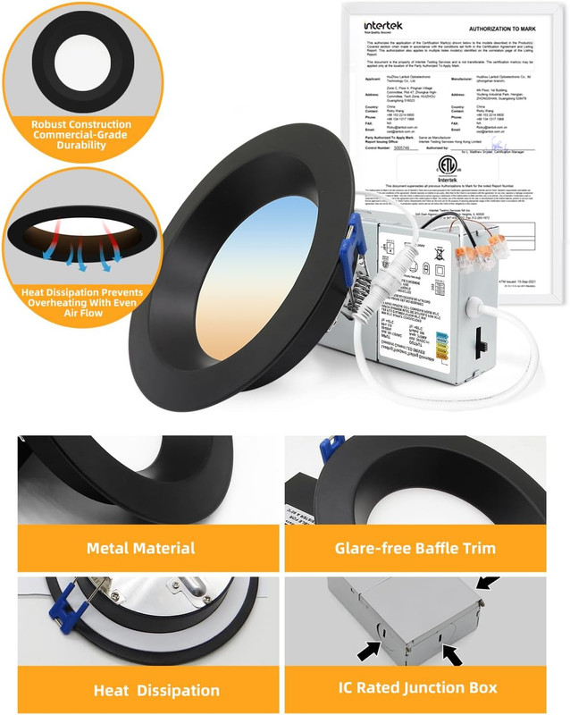 Dimmable 4" LED Downlight, 5CCT Selectable, 12W, 1080LM, 6 Pack, Black gallery