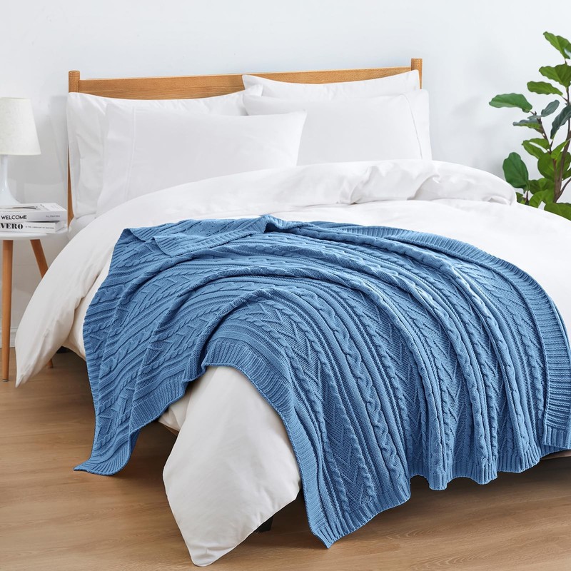 Dusty Blue Cable Knit Throw Blankets for Couch Bed Sofa Acrylic Knitted Blank... gallery