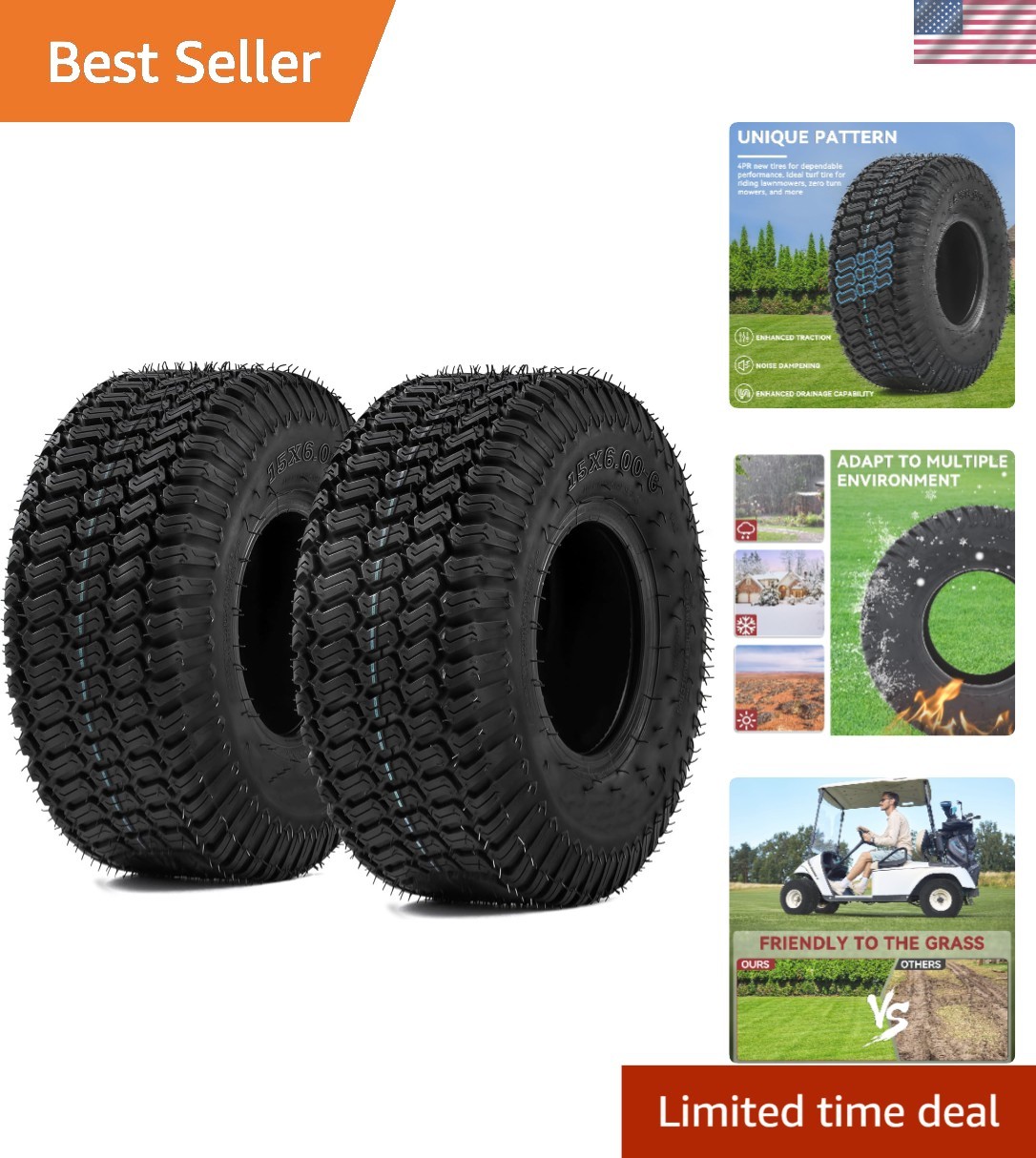 High-Performance 15x6.00-6 Lawn Mower Tires - 4 Ply, Set of 2 for Heavy Duty Use gallery