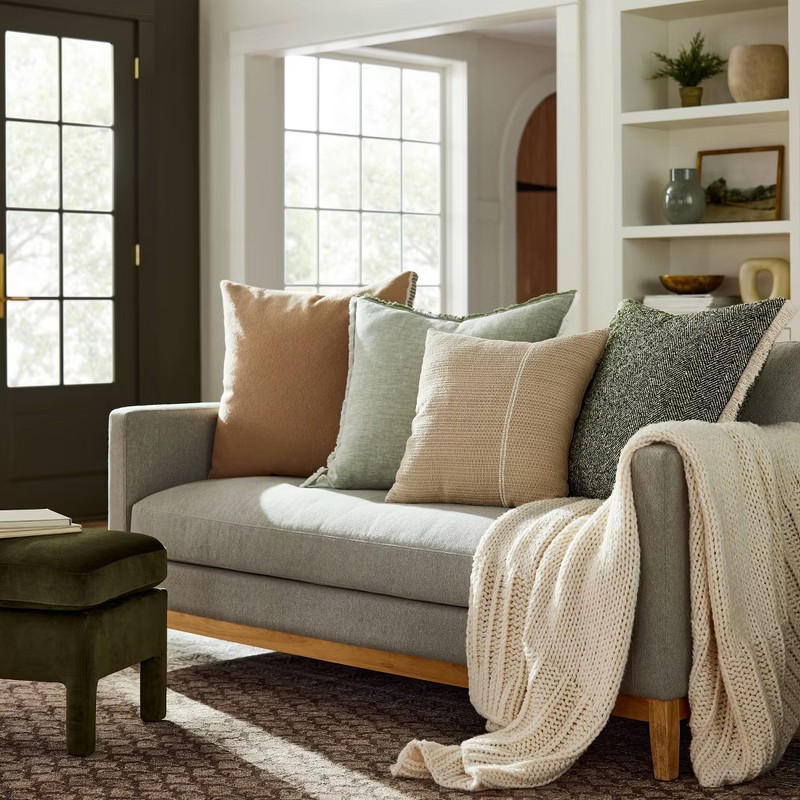 Oversized Reversible Linen Square Throw Pillow with Frayed Edges Green gallery