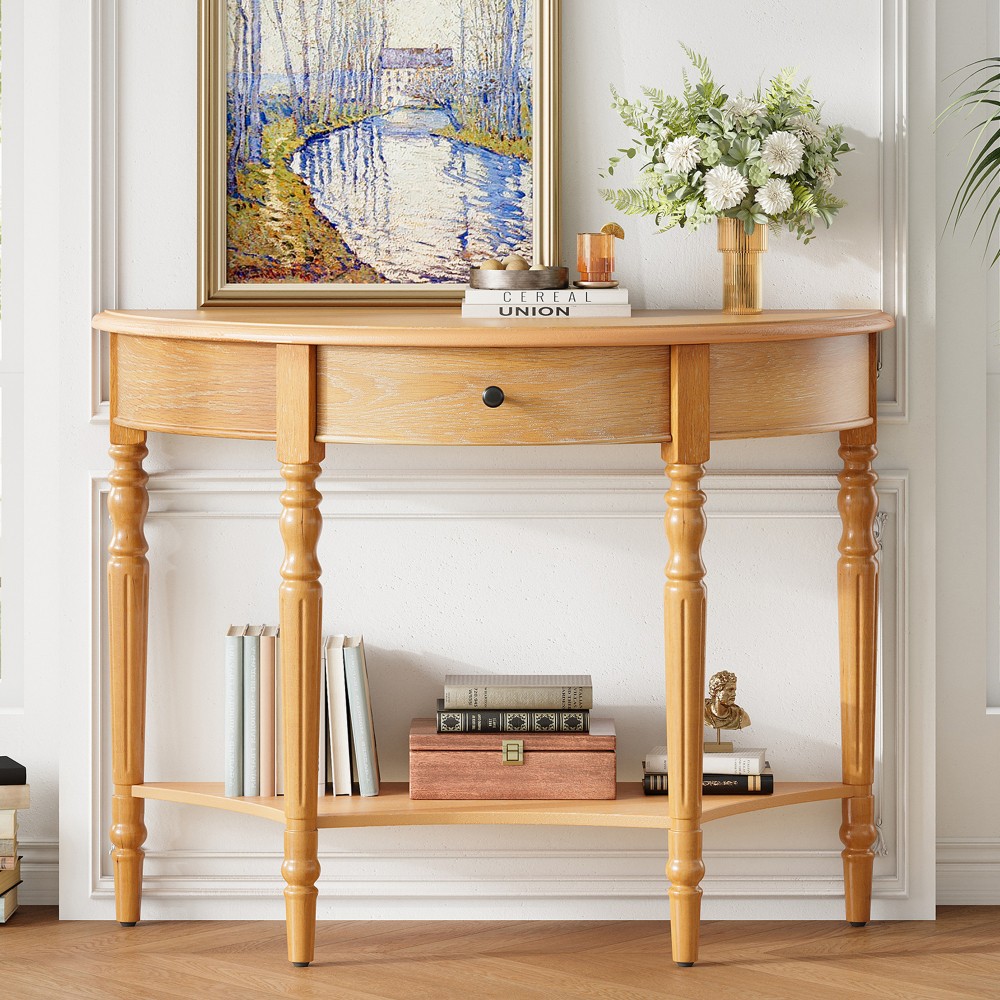 Side table with drawers, shelves, and metal drawer handles gallery