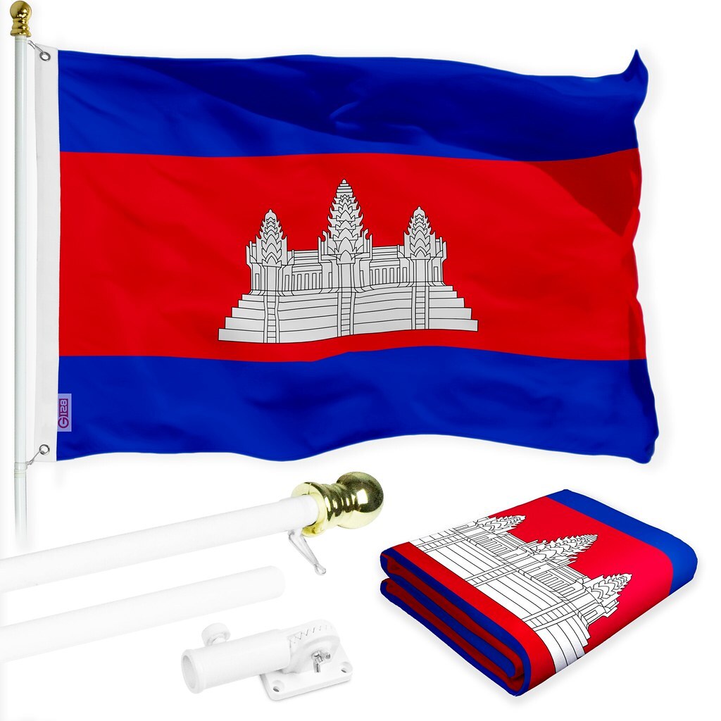 G128 Combo Pack: 6 Ft Flagpole White & Cambodia Flag 3x5 Ft Printed 150D Poly gallery