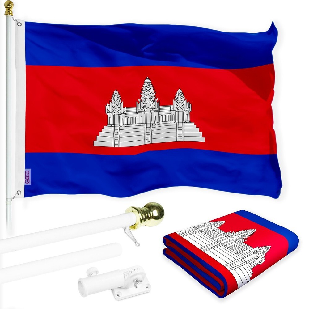G128 Combo Pack: 6 Ft Flagpole White & Cambodia Flag 3x5 Ft Printed 150D Poly