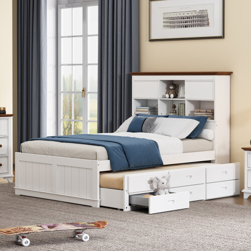 Solid Wood Bedroom Sets Captain Bed with Trundle & 3 Drawers Bookcase Headboard gallery