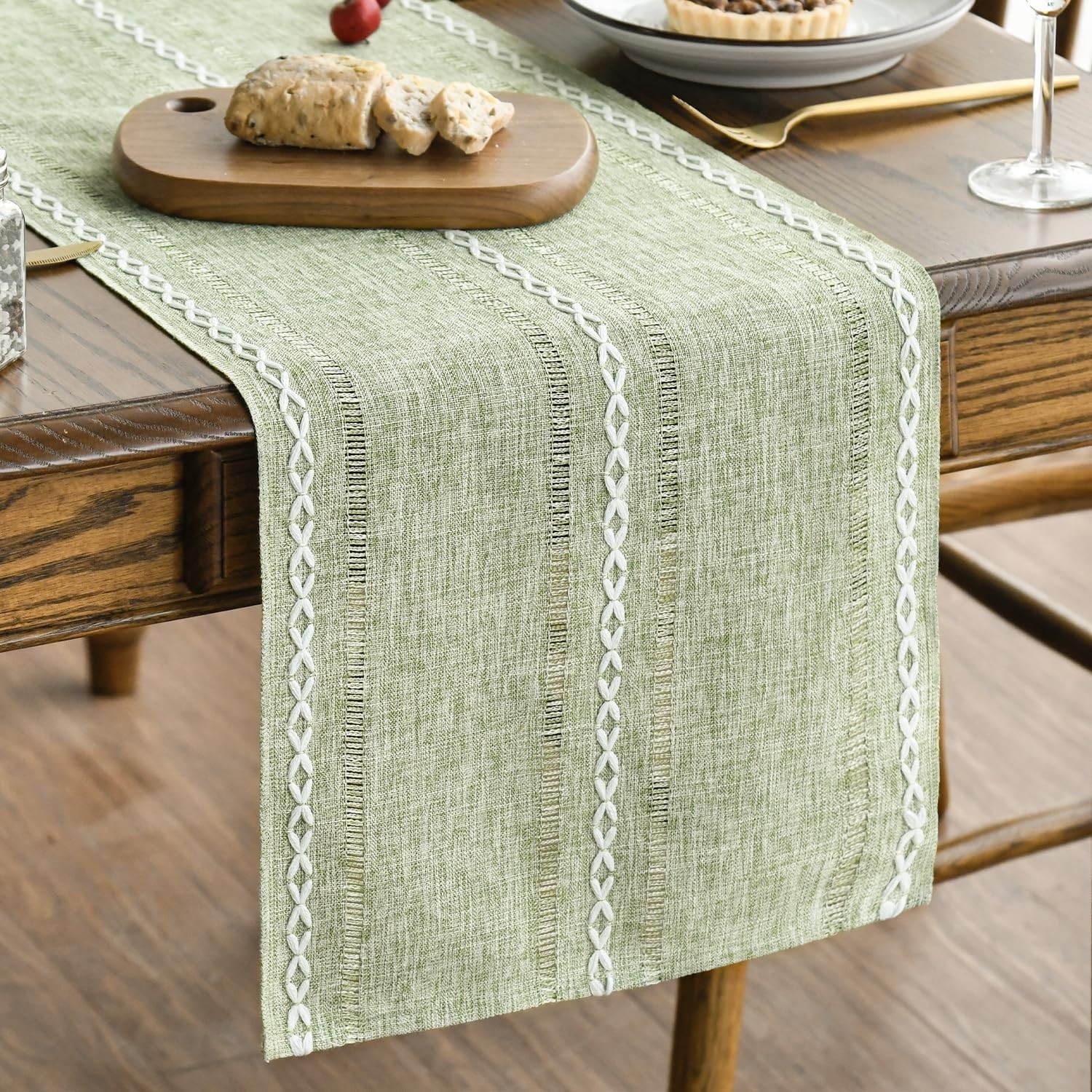 Artoid Mode Sage Green Rustic Cotton Linen Table Runner, Seasonal Embroidered Ho gallery