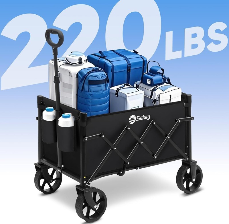Heavy Duty Foldable Wagon Cart 220LBS Capacity with Drink Holders Black gallery