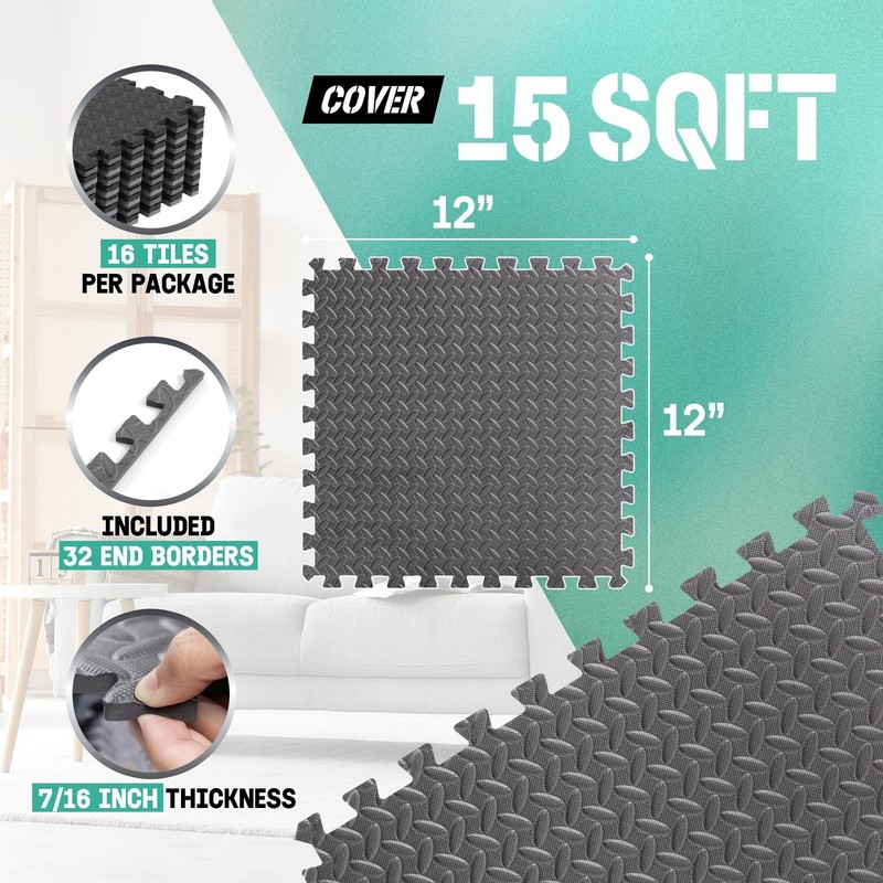 Yes4All EVA Interlocking Mats, Puzzle 16 Count ( Pack of 1), Black & Grey gallery
