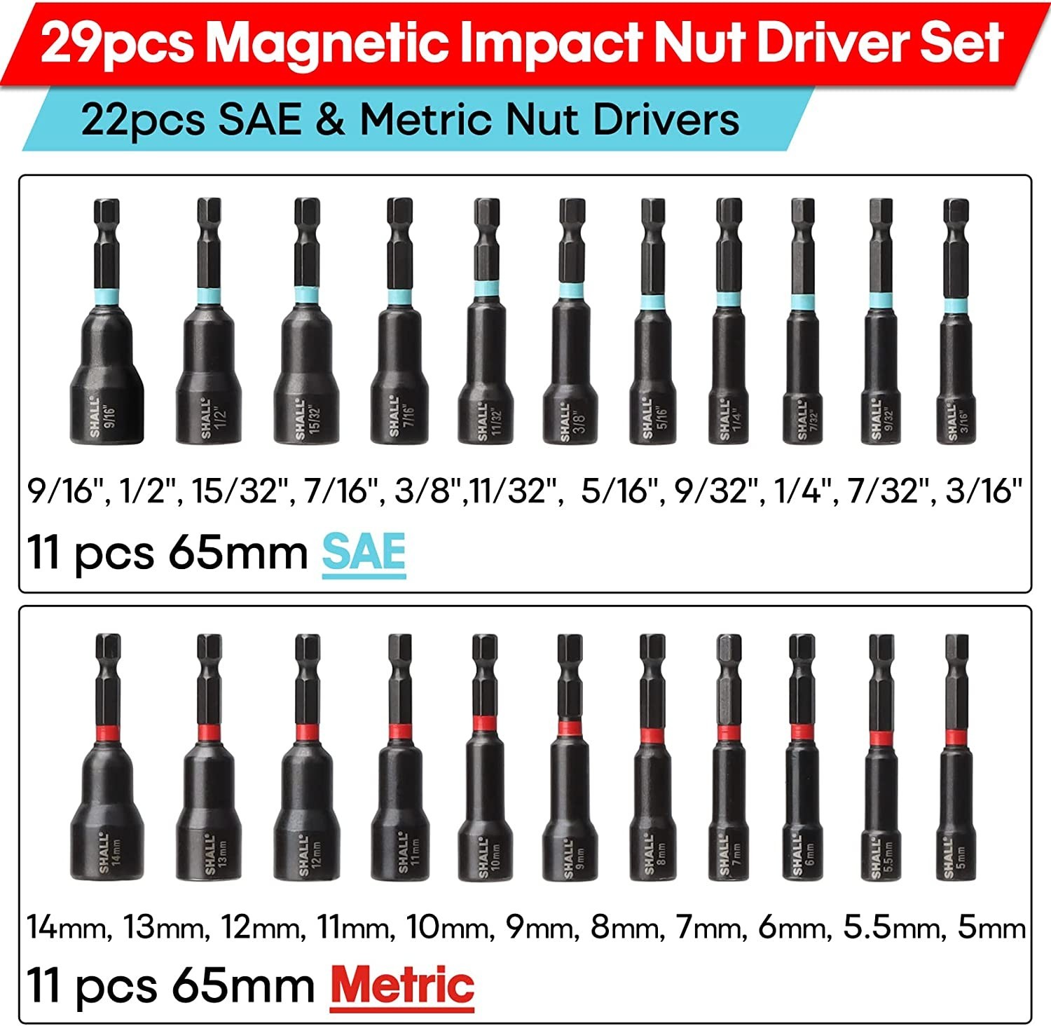 SHALL 29PC Impact Magnetic Nut Drivers Set SAE & Metric Extra Long 1/4" Hex US gallery