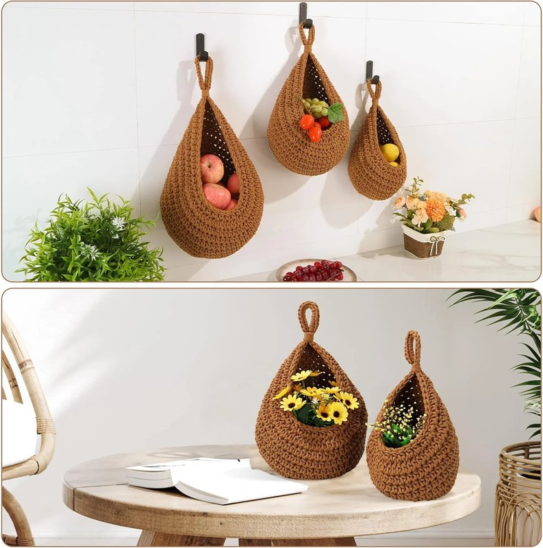 Hanging Fruit Baskets for Kitchen - 3 Pack Boho Wall Hanging Basket with 6 Pcs S gallery