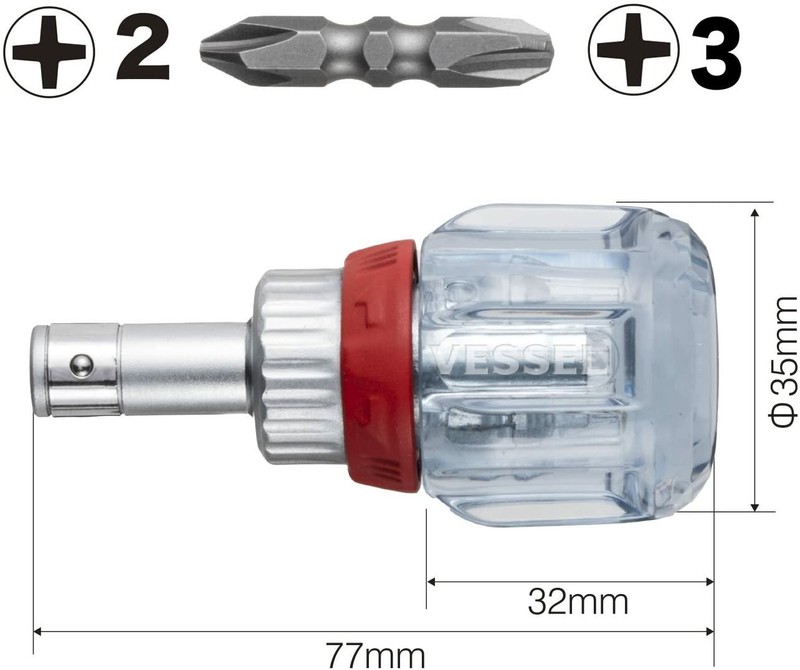 Vessel Stubby Ratchet Bit Driver Screwdriver 1/4" Hex Phillips TD-6700W-23 JAPAN gallery