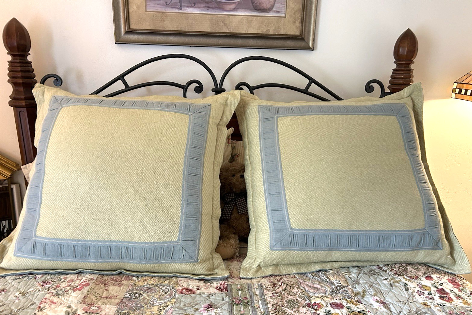 PAIR 29" Eastern Accents Blue & Yellow Square Sham Pillows w inserts & zipper gallery