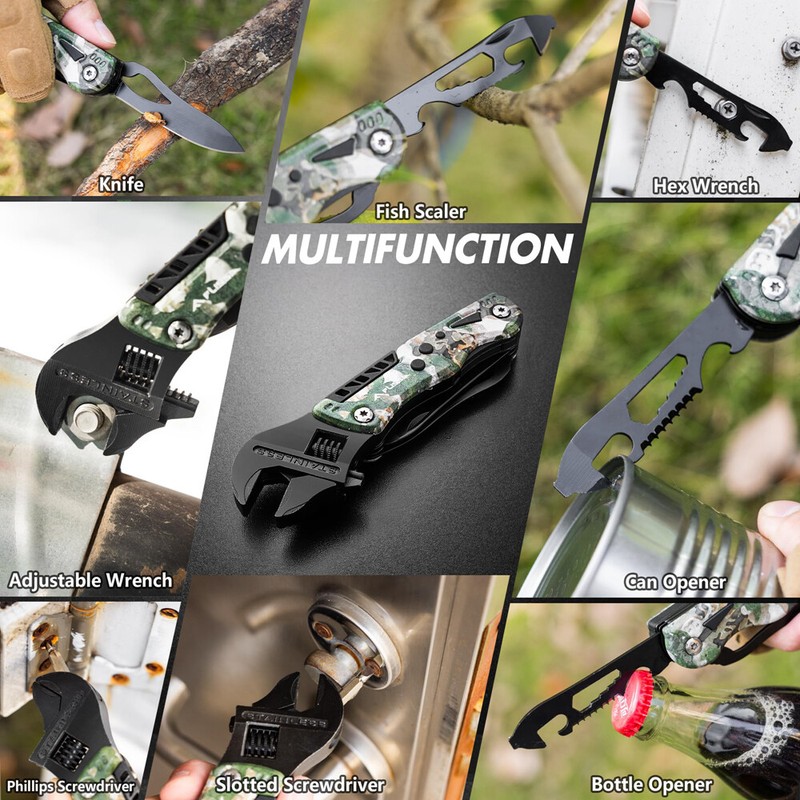 FLISSA 13-in-1 Multi Tool Wrench Multitool Adjustable Wrench EDC Knife w/Sheath gallery