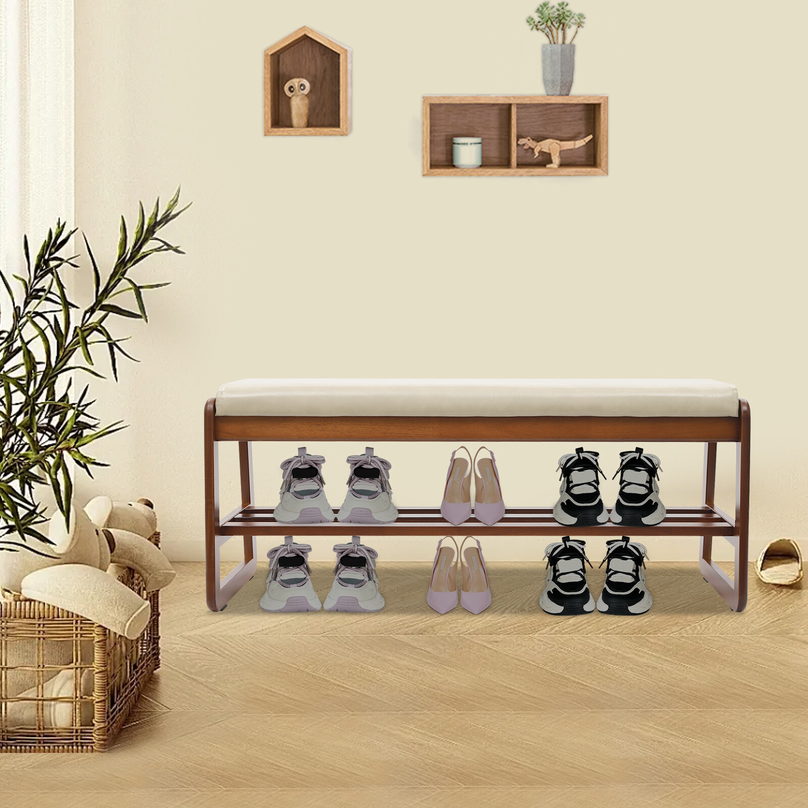 2-Tier Shoe Rack Bench with Seat Cushion Shoe Storage Organizer Entrtway Brown gallery