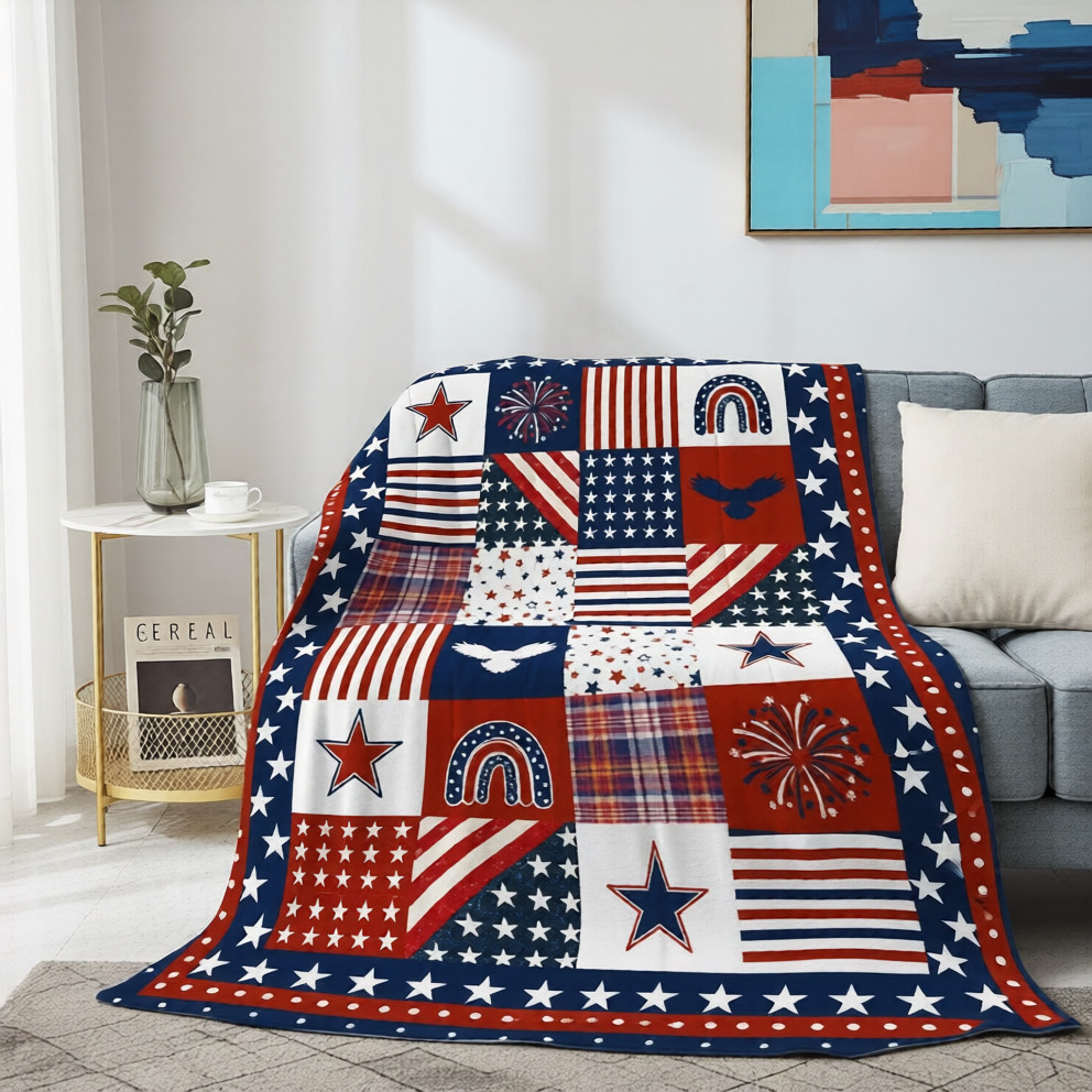 Americana Style Quilt Pattern Flannel Blanket Soft Cozy Bedding Throw 60x80 gallery