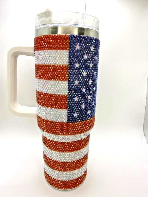 🇺🇸USA 🇺🇸 Rhinestone American Flag Tumbler With Handle & Lid 40 Oz Stainless gallery