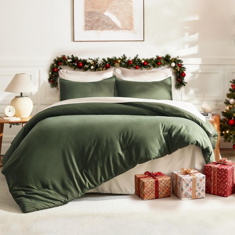 Dark Olive Green Comforter Set Queen, 3 Pieces Solid Bedding Comforter Set, A... gallery