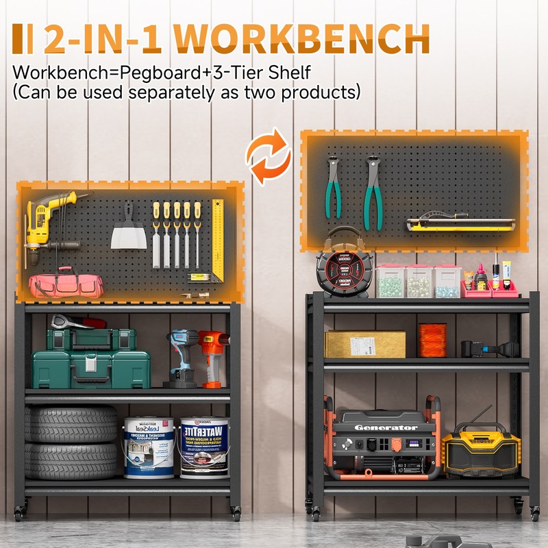 Metal Workshop Shelving Work Bench Garage Tool Storage Shelves W/Pegboard Wheels gallery