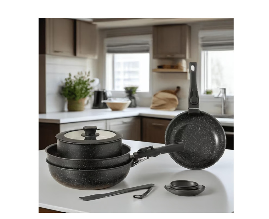 Gianna 12 Pc Nonstick Cookware Set Black Pots Pans Detachable Handle Space Savin gallery