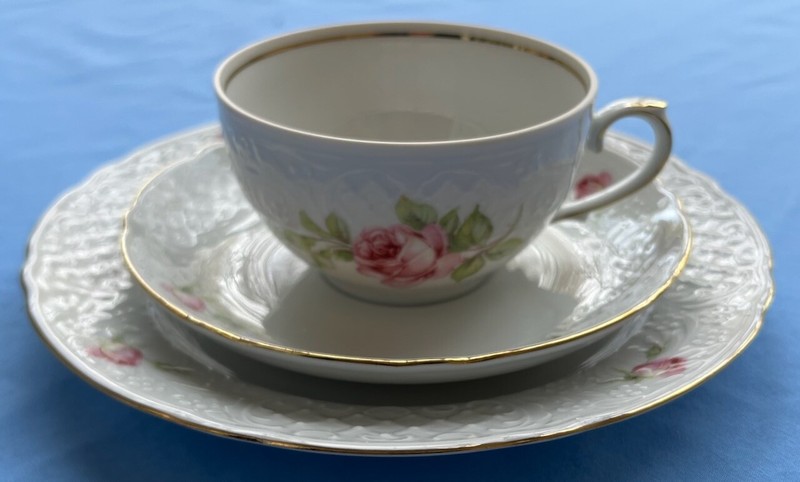 23 pc, Dessert Breakfast Set for 6, Schumann Bavaria Pink Roses Basketweave Mint gallery
