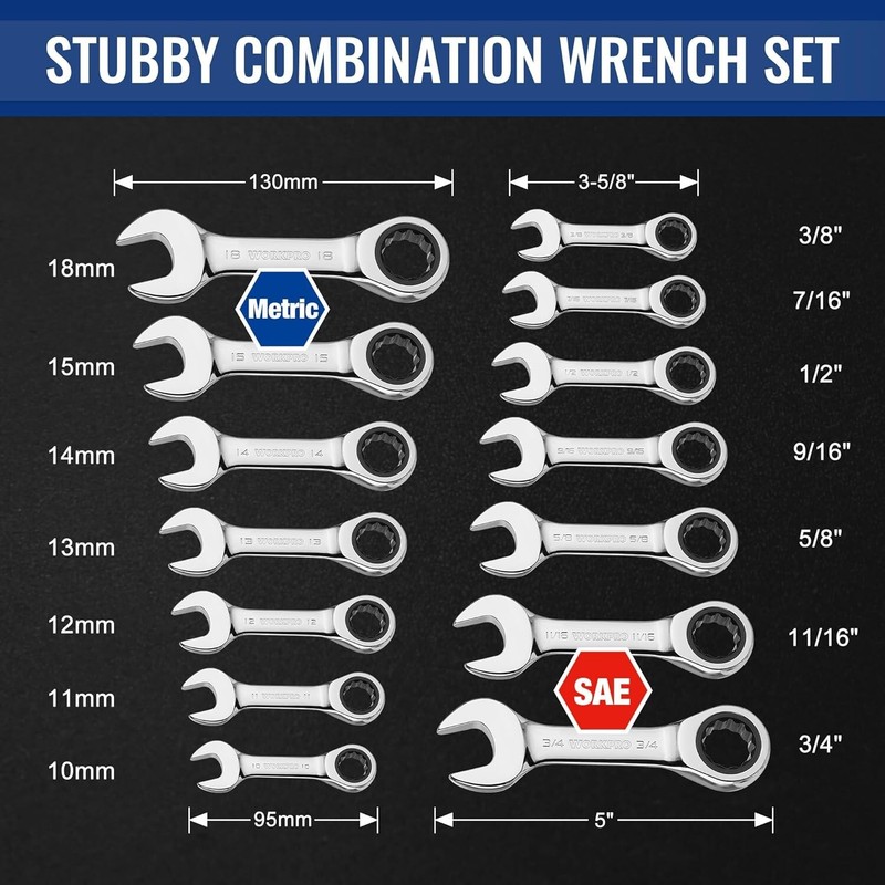 WORKPRO 14PC Ratcheting Combination Stubby Wrench Set SAE 3/8-3/4 Metric 10-18mm gallery