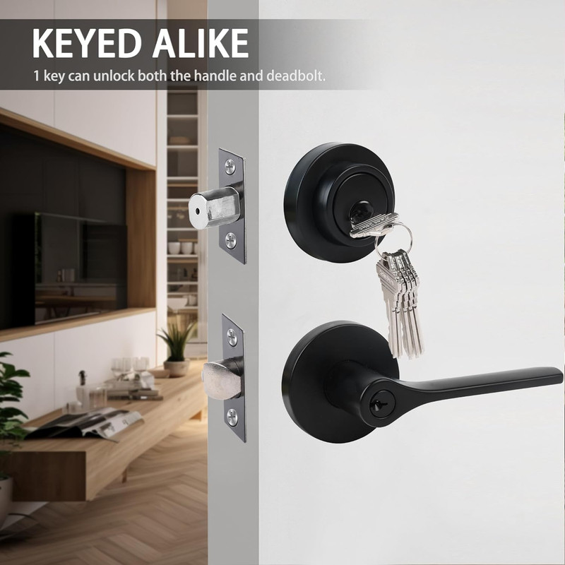 Matte Black Door Lock Set with Deadbolt - 3 Pack, Keyed Alike gallery