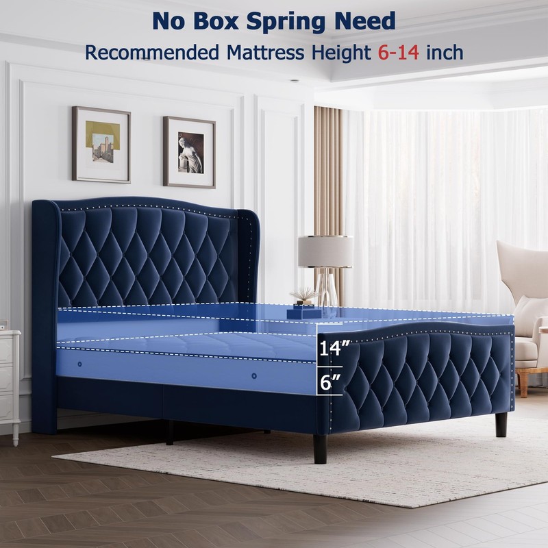 Full Size Bed Frame Velvet Upholstered Platform Bed With Wingback Headboard Blue gallery