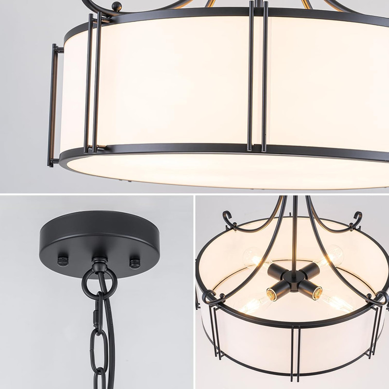 4-Light Black Drum Chandelier for Dining Room & Living Spaces gallery