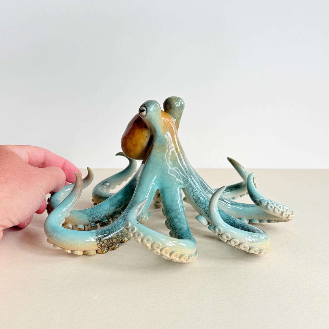 Ceramic Octopus Sculpture Teal, Orange, Black Bubble Glaze Tabletop Art gallery